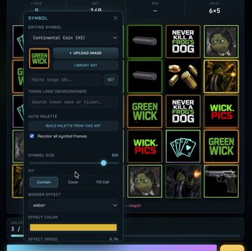A mobile app interface for editing custom symbols, showing options for continental coin tokens with various John Wick-themed designs like 'NEVER KILL A DOG' and 'GREEN WICK'.