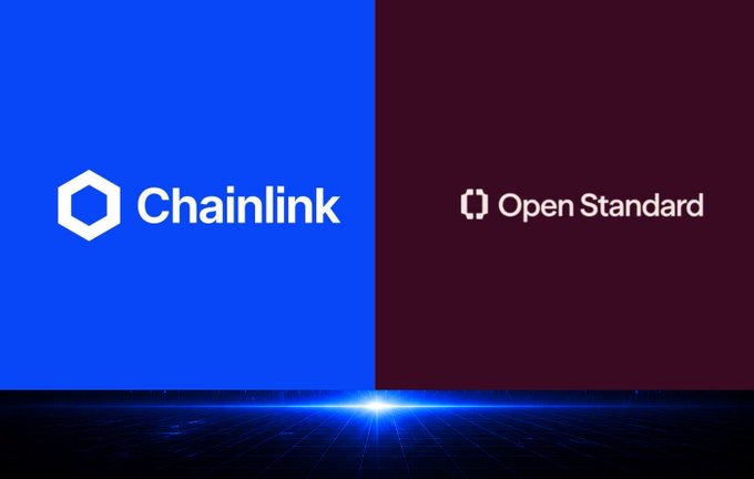 A split-screen graphic showing the Chainlink logo on a blue background next to 'Open Standard' on a dark red background.