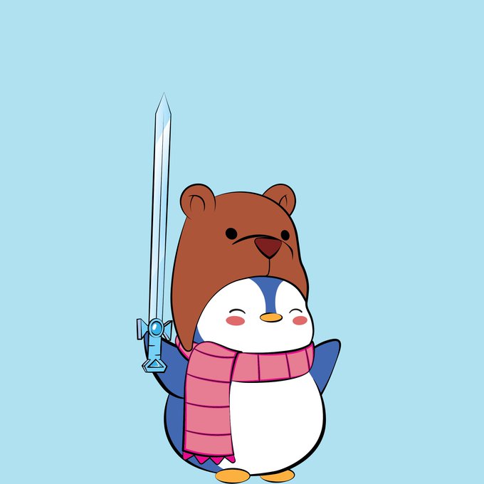 A cartoon illustration of a cute penguin wearing a bear hat and pink scarf, holding a blue sword against a light blue background.