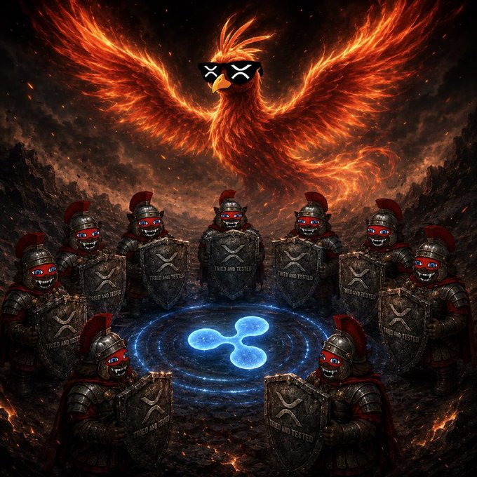 The image features a group of people dressed in medieval armor, standing around a large shield with blue and white colors. The scene takes place in front of a fiery dragon or fire-breathing monster, which adds an element of danger and excitement to the setting. The people are wearing eye glasses as part of their attire, giving them a unique appearance.

The post includes text that reads "BRAD GARLINGHOUSE JUST SAID IT LOUD AND CLEAR The Anti-Crypto Army came after XRP to protect their old, broken system - it's NO COINCIDENCE that XRP fixes ALL those issues - exactly why they targeted it!" This suggests a connection between the image and the post about cryptocurrency.