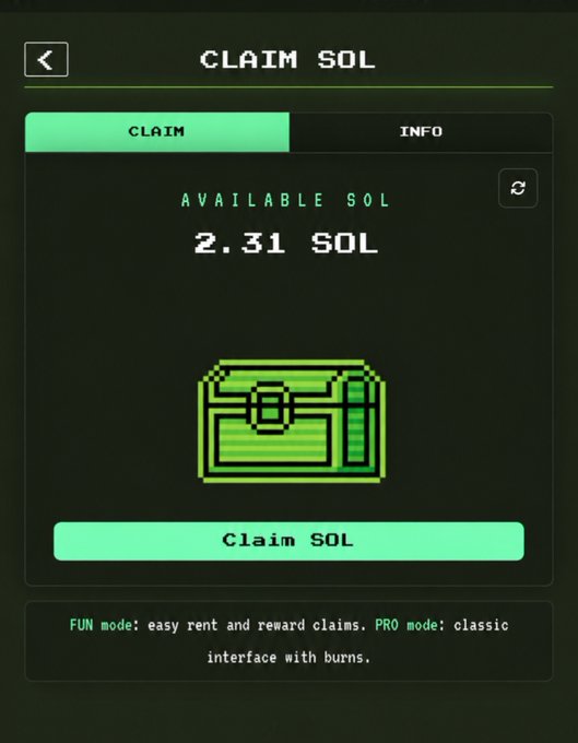 A retro-styled "Claim SOL" interface shows 2.31 SOL available to claim with a pixelated green wallet icon and a "Claim SOL" button. The screen includes a note that "FUN mode: easy rent and reward claims. PRO mode: classic interface with burns," relating to the post's advice about recovering dormant SOL from old Solana wallets.