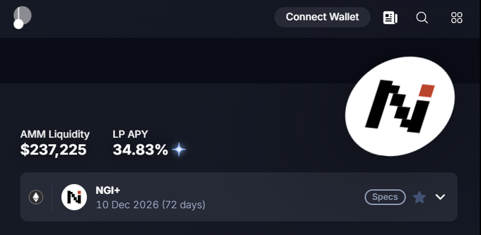Cryptocurrency interface showing an 'NGI+' token with AMM Liquidity of $237,225 and LP APY of 34.83%, dated 10 Dec 2026.