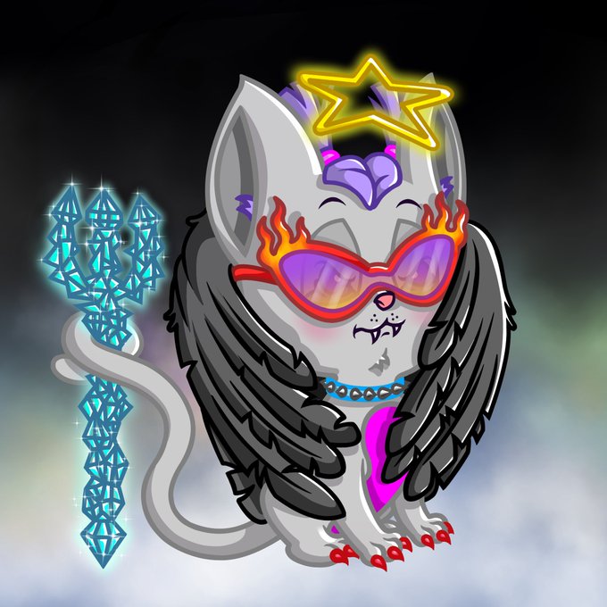 A cartoon-style illustration of a white fluffy dog or cat character wearing flame-shaped sunglasses, a glowing yellow halo, a spiked collar, and dark angel wings, holding a glowing blue crystal trident.