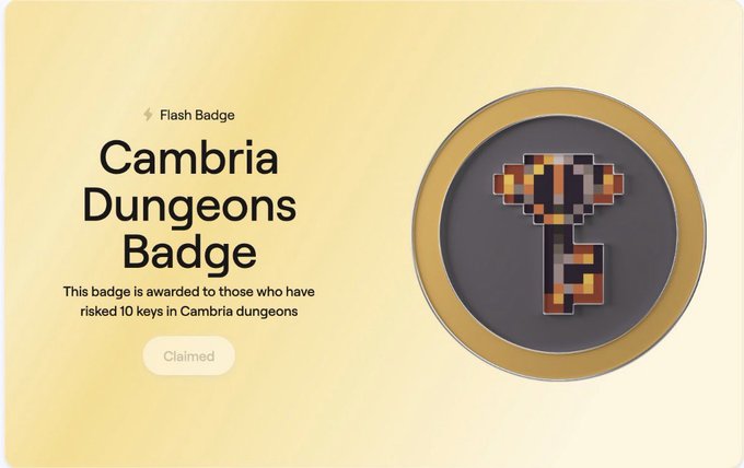 A "Flash Badge" award titled "Cambria Dungeons Badge" with pixel art icon, noted as Claimed, awarded for risking 10 keys in Cambria dungeons.