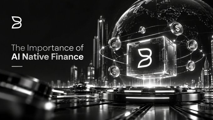 A promotional graphic with the text 'The Importance of AI Native Finance' featuring a futuristic cityscape and digital icons of financial symbols.