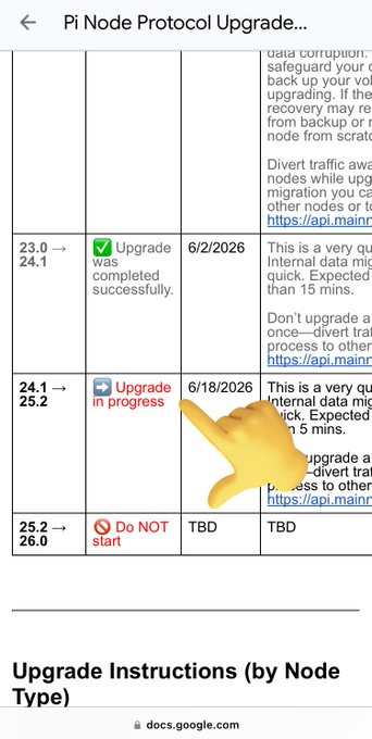 The image shows a screenshot of an app called "Upgrade Instructions" that is displayed on a phone screen. The main focus of the image is a yellow button with a red X over it, which indicates that the upgrade instructions are being pointed at by someone's finger. The text in the image reads "Upgrade Instructions (by Node)". This suggests that the app is designed to guide users through the process of upgrading their device or system using the provided instructions.