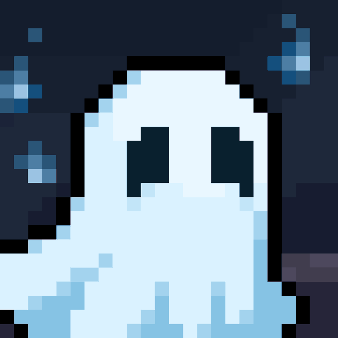 A pixel art ghost with dark empty eyes floats against a dark blue background dotted with stars. The ghostly figure visually represents the deceased employee, while the caption notes that no time card has officially recorded his departure, mirroring the ghost's continued presence despite his absence from the workplace.