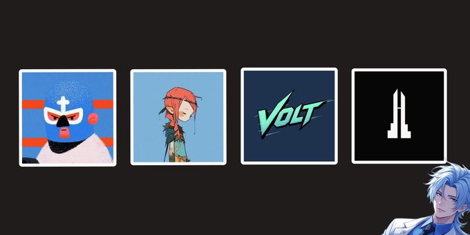 Four game/app icons sit in a row on a dark background—featuring a masked blue figure, a character with orange hair and a green jacket, a "VOLT" logo, and a minimalist white tower—while a blue-haired anime-style character peeks in from the bottom right, seemingly ignoring the post's call to "do something" or "blow powder."