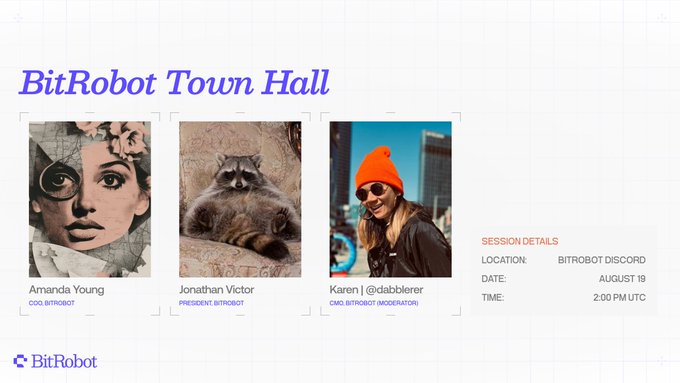 BitRobot Town Hall graphic featuring Amanda Young (COO), Jonathan Victor (President), and Karen | @dabblerer (CMO), scheduled for August 19 at 2:00 PM UTC on BitRobot Discord to discuss the Bolts program and ecosystem updates.