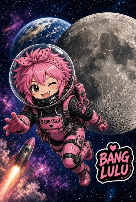 An anime-style illustration featuring a chibi character named 'Bang Lulu' with pink hair and a spacesuit floating in space with Earth and the moon in the background, accompanied by a 'BANG LULU' logo.