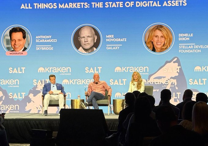 Conference panel discussion titled 'ALL THINGS MARKETS: THE STATE OF DIGITAL ASSETS' at SALT featuring speakers Anthony Scaramucci (Skybridge), Mike Novogratz (Galaxy), and Denelle Dixon (Stellar Development Foundation).