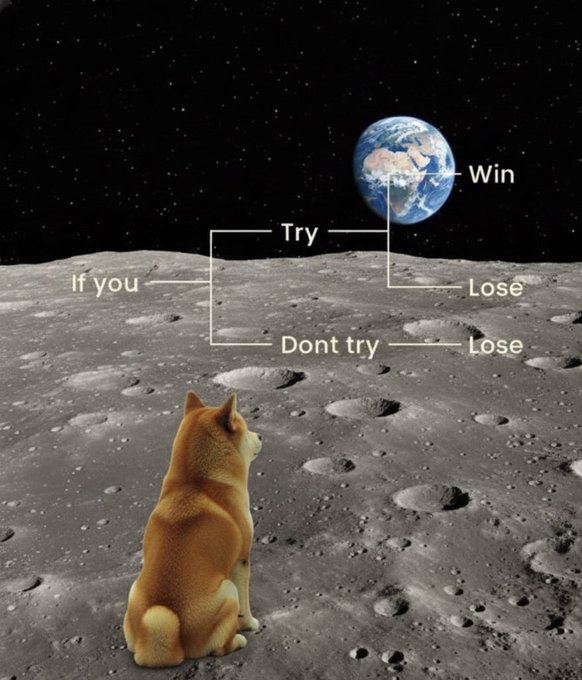 A Shiba Inu dog sits on the moon looking at Earth, with a flowchart diagram presenting four outcomes—Try/Win, Try/Lose, Don't try/Lose—emphasizing that attempting something is the only path to winning, perfectly illustrating the "Just try" message.