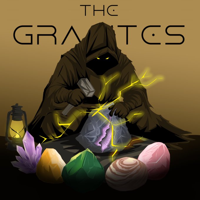 A hooded figure with glowing yellow eyes uses a hammer to crack open a geode containing a purple crystal, surrounded by various colorful stones and a lantern, beneath the text "THE GRANITES." The image visually reinforces the post's metaphor of rare gems being "forged" beneath the surface, with the 950 representing the limited "formation" of these prized collectibles.