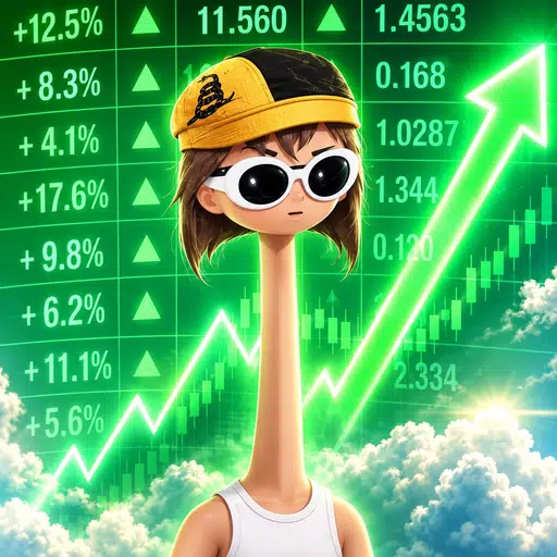 A cartoon character wearing sunglasses and a yellow cap with an upward stock market trend chart and percentage gains (+12.5%, +8.3%, +4.1%, +17.6%, etc.) displayed against a green background with clouds.