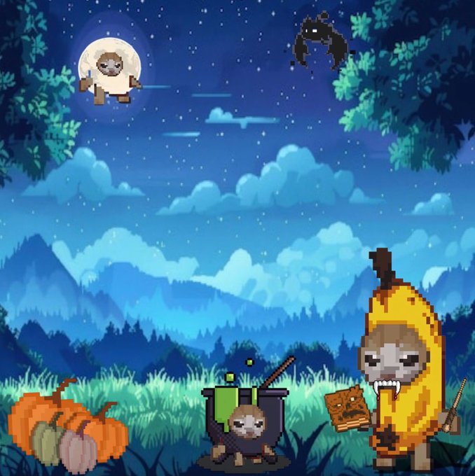 A pixel art scene set at night showing cartoon sloths dressed in Halloween costumes, including one flying across a full moon with a broomstick and others brewing a potion in a cauldron.