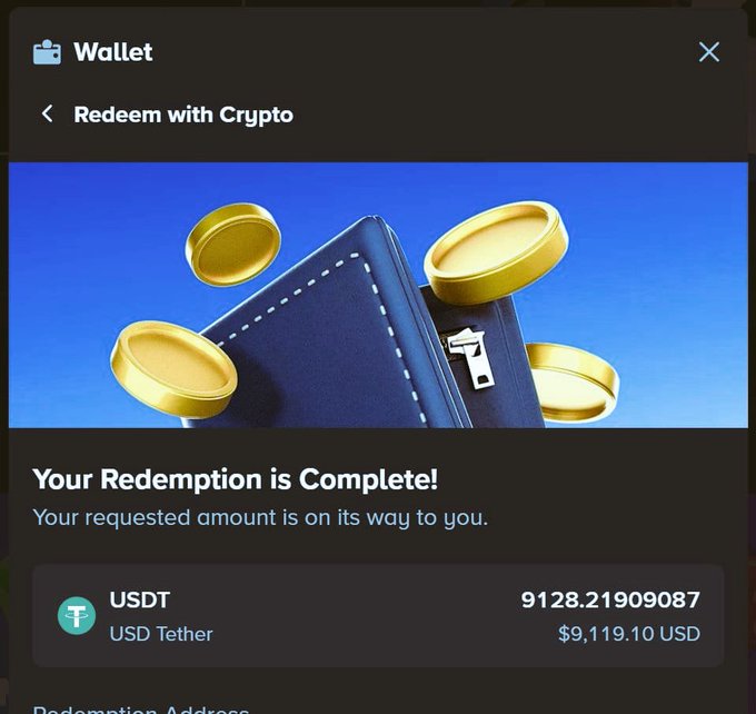 A crypto wallet confirmation screen showing a successful redemption of 9128.21909087 USDT ($9,119.10 USD), displayed as an example of the surprise tip that could be sent to 10 random users.