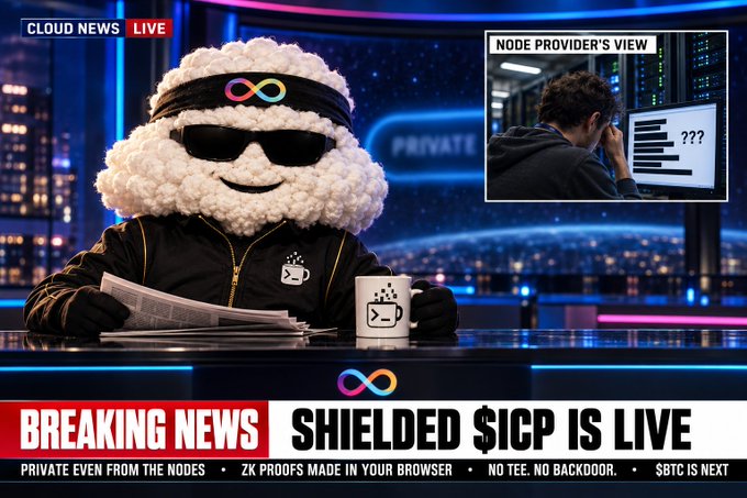 A satirical 'Cloud News Live' broadcast featuring a sheep character wearing sunglasses announcing 'SHIELDED $ICP IS LIVE — No TEE. No BACKDOOR. SBTC IS NEXT' with an inset of a confused node provider.