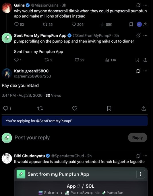 A screenshot of social media posts discussing Pump.fun and TikTok, including a reply from @green2580067253 saying 'Pay dex you retard' dated Aug 28, 2026.