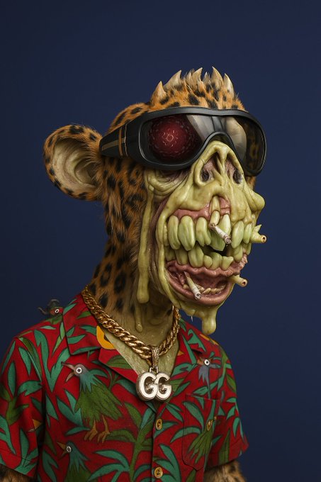 A 3D rendering of a humanoid leopard character wearing black goggles, a gold 'GG' necklace, and a colorful Hawaiian shirt with parrot patterns.