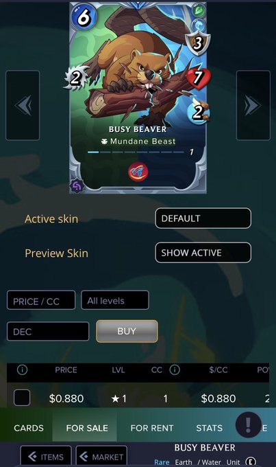 A screenshot from a mobile game marketplace displaying a trading card featuring a beaver character named 'BUSY BEAVER' (Mundane Beast) with stats including 6 (mana), 2, 3, 7, and 2, priced at $0.880 with options to buy with DEC currency.
