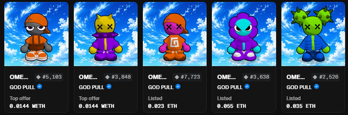 Five NFT collectible characters in orange, yellow, pink, purple, and green outfits are displayed with prices in ETH (0.0144, 0.0144, 0.023, 0.055, 0.035) and ranking scores.