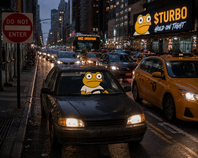 Meme image showing a cartoon $TURBO token character driving a car on a New York City street at night, with '$TURBO HOLD ON TIGHT' billboard visible and 'DO NOT ENTER' sign on the left.