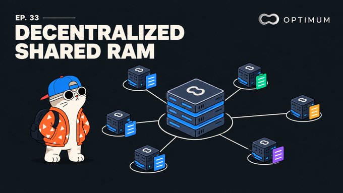 Episode 33 of an Optimum series titled 'DECENTRALIZED SHARED RAM' featuring a cartoon cat in a blue cap and sunglasses standing next to a network diagram of interconnected servers.