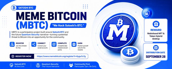 A promotional banner for 'SATOSHI BTC' and 'MEME BITCOIN (MBTC)' advertising a 'Robinhood NFT & Token Hybrid Airdrop' with a distribution date of September 28 and a registration link.