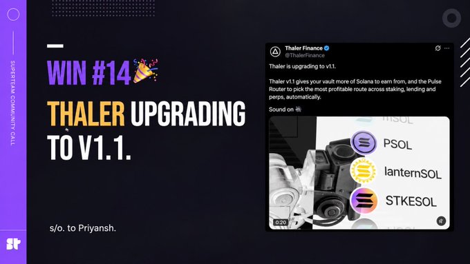 An announcement graphic celebrating 'WIN #14' with the text 'THALER UPGRADING TO V1.1,' alongside a tweet from Thaler Finance detailing an upgrade to v1.1.