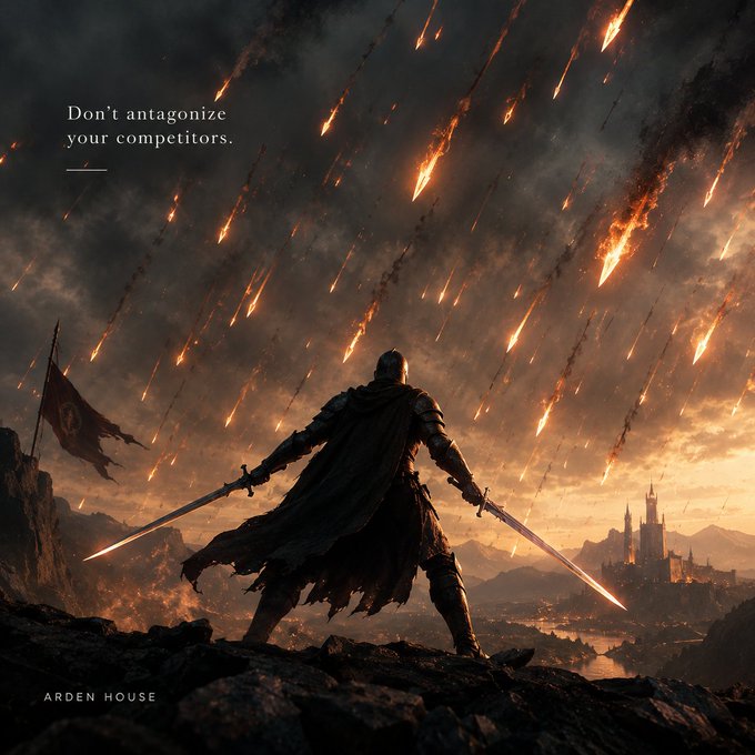 A dark fantasy illustration depicting a cloaked warrior with two swords standing on a cliff as flaming meteors rain down on a distant castle; text reads 'Don't antagonize your competitors.' and 'ARDEN HOUSE'.