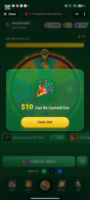 A mobile screen displays a "Cash Out" pop-up offering $10 with a yellow button, set against a colorful spinning wheel game interface. The image illustrates the cash withdrawal feature referenced in the announcement promoting the EarnCraft platform.