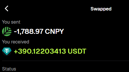 A crypto wallet transaction receipt showing a swap of -1,788.97 CNPY for +390.12203413 USDT with a status indicating completion.