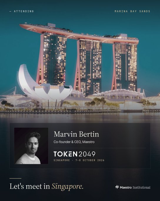 Promotional graphic announcing that Marvin Bertin, Co-founder & CEO of Maestro, will be attending TOKEN2049 in Singapore from 7-8 October 2026, featuring the Marina Bay Sands illuminated at night.