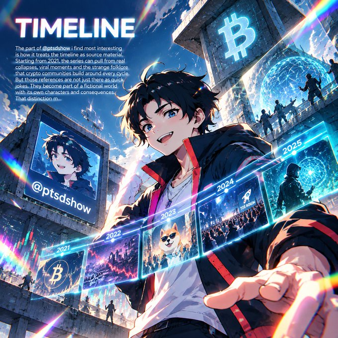 An anime-style promotional graphic titled "TIMELINE" from @ptsdshow, featuring a character against a Bitcoin-themed backdrop and panels from 2021 to 2025, discussing crypto cycles and fiction.