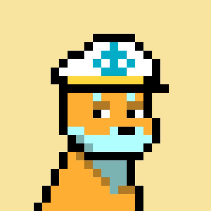 A pixel art illustration of an orange character wearing a sailor hat with a blue cross and a matching blue scarf against a yellow background.
