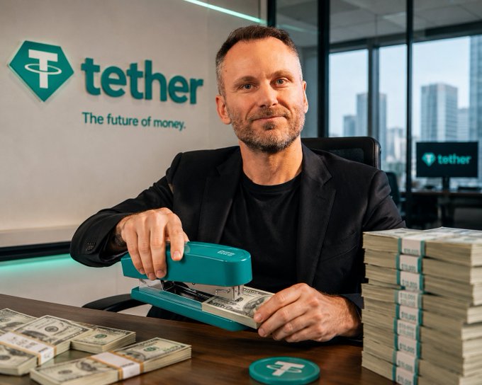 An AI-generated image of a man at a Tether-branded office ('The future of money') stamping dollar bills with stacks of cash beside him.