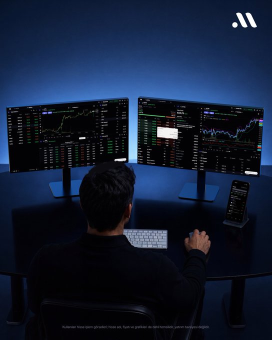 A man sits at a desk with dual monitors displaying candlestick charts and trading interfaces, with a phone showing additional market data beside him. The Turkish disclaimer at the bottom reads "Yatırım tavsiyesi değildir" (not investment advice), fitting the post's confident call to consolidate holdings into "Midas" tomorrow.