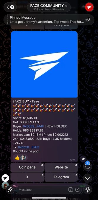 A Telegram channel post for 'FAZE COMMUNITY' announcing a '$FAZE BUY' with rocket emojis, detailing market cap of $2.15M, price of $0.002212, and spent $1,535.19.