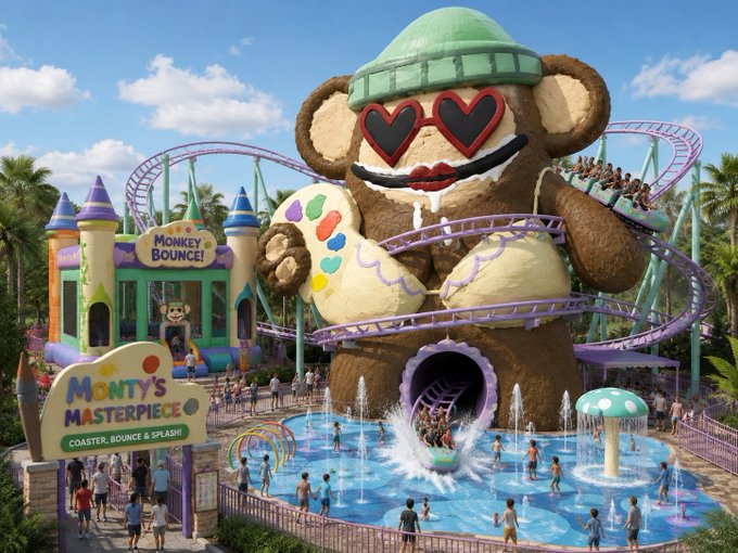 A vibrant amusement park scene features "Monty's Masterpiece" coaster, "Bounce & Splash" attraction, and a giant cartoon monkey wearing heart-shaped sunglasses with sunglasses, while a purple roller coaster track twists through the air above a fountain splash zone. The whimsical, colorful ride appears as a family-friendly thrill ride, fitting the post's playful challenge of being brave enough for "Ms Cynthia's Wild Ride."