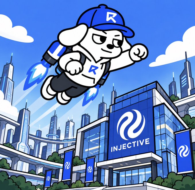 A cartoon dog wearing an "R" cap soars with jetpacks through a futuristic cityscape featuring the "INJECTIVE" logo prominently displayed on a sleek skyscraper, symbolizing the explosive launch of a new token on the Injective network that overwhelmed its capacity.