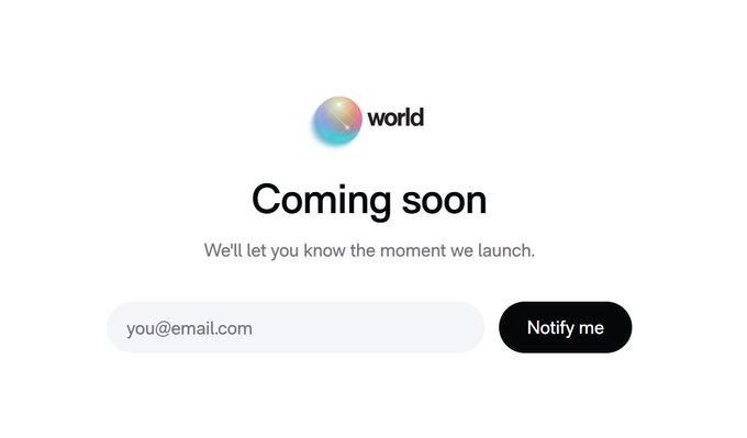 The image shows a "Coming soon" landing page for "world," featuring a gradient sphere logo, the tagline "We'll let you know the moment we launch," and an email signup field with a "Notify me" button—visually reinforcing the post's point about @world_xyz's mysterious, hype-driven presence on Solana despite having no product or roadmap revealed yet.