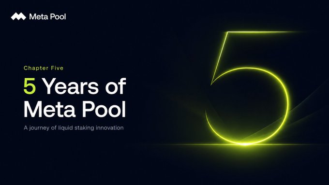 A graphic for 'Meta Pool' celebrating 'Chapter Five: 5 Years of Meta Pool' with the tagline 'A journey of liquid staking innovation' and a glowing neon green '5'.