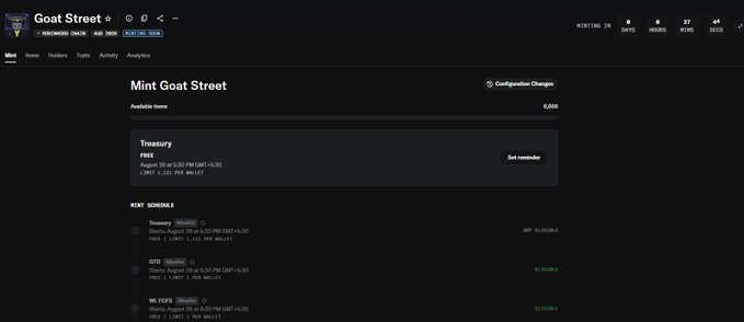 The image shows a NFT minting page for the "Goat Street" collection, displaying an available supply of 6,000 items with a Treasury and Mint Schedule breakdown. It features a free mint for August 28 with 5,000 Phantom wallet allocations (capped at 2 per wallet), along with tiered pricing for WLFC (0.15 ETH) and other holders, directly illustrating the "free mint" and supply details mentioned in the post about CashmereLabs' project.