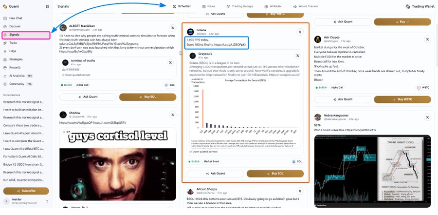 A screenshot of the Quant trading platform interface showing various cryptocurrency market signals, with the "Signals" tab highlighted in the sidebar and posts from users like ALERT MacGilson, Solana, and Shadow.