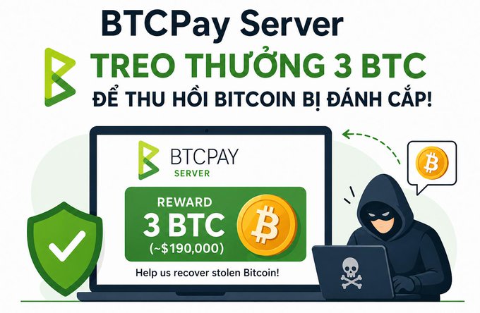 A BTCPay Server advertisement offering a 3 BTC reward (~$190,000) to help recover stolen Bitcoin, featuring a hacker illustration.