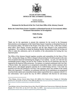 Caption: A letter from New York State Attorney General Letitia James dated July 27, 2026, urging Congress to include stronger consumer protections in the CLARITY Act, highlighting potential security vulnerabilities and the need to preserve state regulatory authority.

The image directly supports the post by showing the official correspondence from AG Letitia James regarding the CLARITY Act, reinforcing her concerns about weakening state enforcement capabilities.