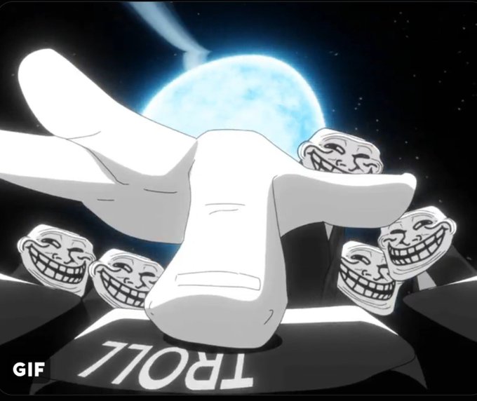 An animated troll face meme gives a thumbs down against a moon backdrop, surrounded by smiling troll faces, with the word 'TROLL' displayed upside down and 'GIF' labeled in the corner.
