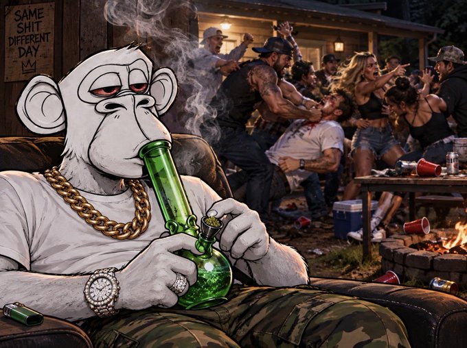 An illustrated cartoon monkey wearing a gold chain and camo pants smokes a green bong, while a chaotic party with fighting people, red cups, and a 'SAME SHIT DIFFERENT DAY' sign happens in the background.