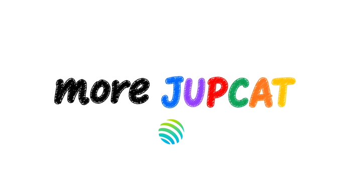 A colorful logo with the text 'more JUPCAT' where 'more' is in black and 'JUPCAT' is in multicolored letters, with a green and blue circular logo underneath.