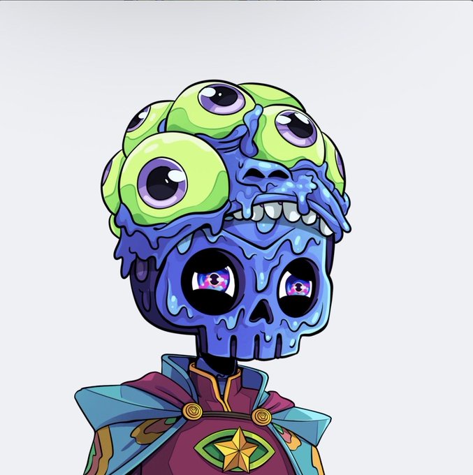 A cartoon-style illustration of a character with a purple skull face wearing a green, multi-eyed brain-like headpiece and a purple and blue outfit.